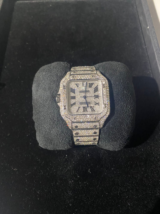 CARTIER SANTOS DE CARTIER LARGE WHITE DIAL FULL VVS DIAMOND WATCH