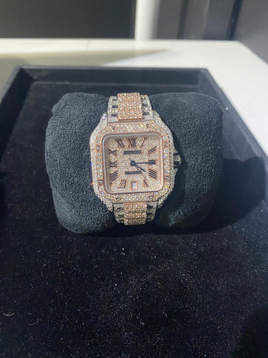 CARTIER SANTOS CLAMP WHITE/ROSE DIAL FULL VVS DIAMOND WATCH